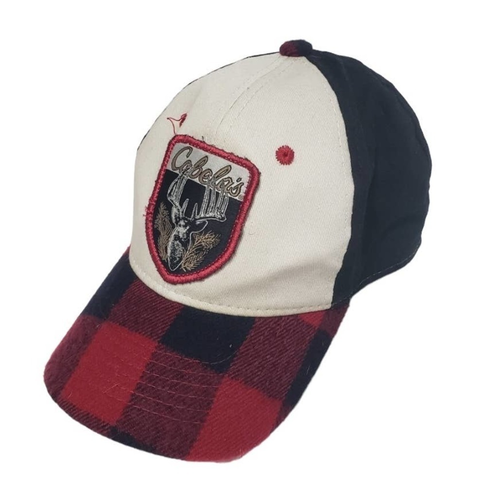 Cabela's Buffalo Plaid Patch Baseball Cap Snap Back Red Black Ivory OS Hat‎